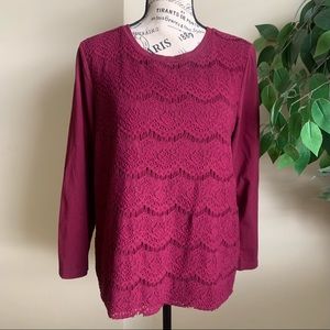 J. Crew Factory Scallop Cotton Blend Lace Long Sleeve Top Burgundy Sz M